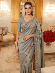 Champagne Gold Kanjivaram Silk Saree – Beaded Embroidered Wedding & Bridal Saree