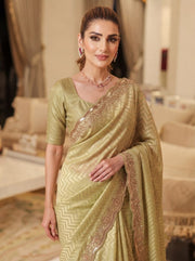 Champagne Gold Kanjivaram Silk Saree – Beaded Embroidered Wedding & Bridal Saree
