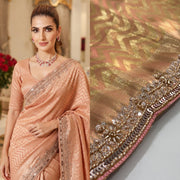 Champagne Gold Kanjivaram Silk Saree – Beaded Embroidered Wedding & Bridal Saree
