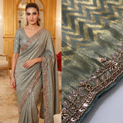 Champagne Gold Kanjivaram Silk Saree – Beaded Embroidered Wedding & Bridal Saree