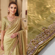Champagne Gold Kanjivaram Silk Saree – Beaded Embroidered Wedding & Bridal Saree
