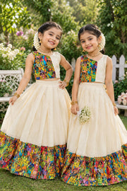 Girls’ Cream & Multicolor Printed Lehenga Choli Set