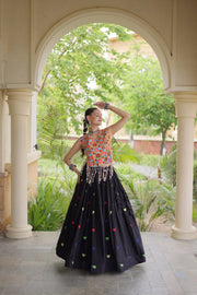 Women’s Cora Cotton Embroidered Lehenga Choli with Mirror Work, Full Stitched