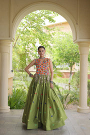 Women’s Cora Cotton Embroidered Lehenga Choli with Mirror Work, Full Stitched
