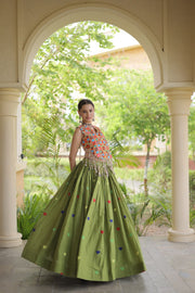 Women’s Cora Cotton Embroidered Lehenga Choli with Mirror Work, Full Stitched