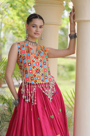 Women’s Cora Cotton Embroidered Lehenga Choli with Mirror Work, Full Stitched