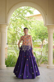 Women’s Cora Cotton Embroidered Lehenga Choli with Mirror Work, Full Stitched