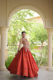 Women’s Cora Cotton Embroidered Lehenga Choli with Mirror Work, Full Stitched