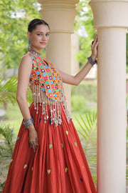 Women’s Cora Cotton Embroidered Lehenga Choli with Mirror Work, Full Stitched