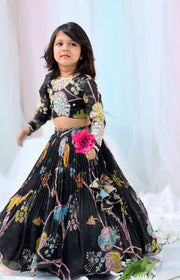Girls’ Black Floral Printed Lehenga Choli Set