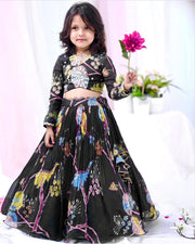 Girls’ Black Floral Printed Lehenga Choli Set