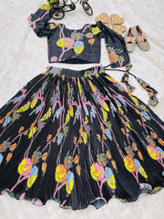 Girls’ Black Floral Printed Lehenga Choli Set