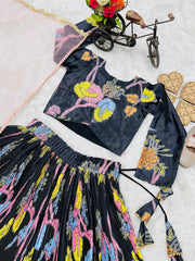 Girls’ Black Floral Printed Lehenga Choli Set