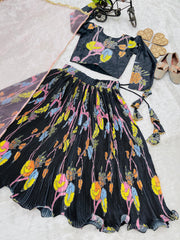 Girls’ Black Floral Printed Lehenga Choli Set