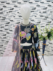 Girls’ Black Floral Printed Lehenga Choli Set