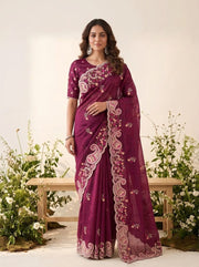 Elegant Embroidered Designer Saree – Soft Space Silk Indian Wedding & Party Wear Saree