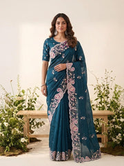 Elegant Embroidered Designer Saree – Soft Space Silk Indian Wedding & Party Wear Saree
