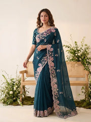 Elegant Embroidered Designer Saree – Soft Space Silk Indian Wedding & Party Wear Saree