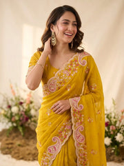 Elegant Embroidered Designer Saree – Soft Space Silk Indian Wedding & Party Wear Saree