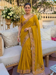 Mustard Yellow Georgette Saree – Embroidered Indian Wedding & Party Wear Saree