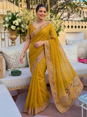 Mustard Yellow Georgette Saree – Embroidered Indian Wedding & Party Wear Saree