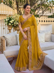 Mustard Yellow Georgette Saree – Embroidered Indian Wedding & Party Wear Saree