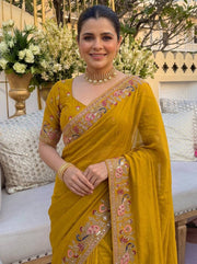 Mustard Yellow Georgette Saree – Embroidered Indian Wedding & Party Wear Saree