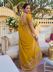 Mustard Yellow Georgette Saree – Embroidered Indian Wedding & Party Wear Saree