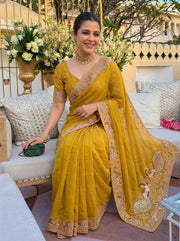 Mustard Yellow Georgette Saree – Embroidered Indian Wedding & Party Wear Saree