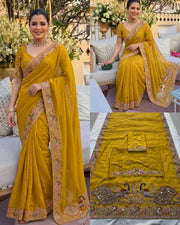 Mustard Yellow Georgette Saree – Embroidered Indian Wedding & Party Wear Saree
