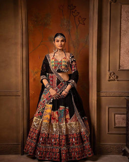 Women’s Black Multicolor Gujarati Navratri Lehenga Choli with Digital Print & Real Mirror Work