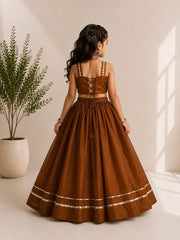 Girls’ Brown Gamthi Mirror Work Chaniya Choli Set with Dupatta