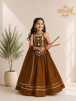 Girls’ Brown Gamthi Mirror Work Chaniya Choli Set with Dupatta