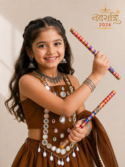 Girls’ Brown Gamthi Mirror Work Chaniya Choli Set with Dupatta
