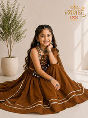 Girls’ Brown Gamthi Mirror Work Chaniya Choli Set with Dupatta