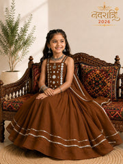 Girls’ Brown Gamthi Mirror Work Chaniya Choli Set with Dupatta