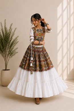 Girls Printed Cotton Lehenga Choli Set with White Flared Skirt
