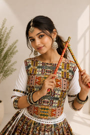 Girls Printed Cotton Lehenga Choli Set with White Flared Skirt