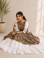 Girls Printed Cotton Lehenga Choli Set with White Flared Skirt