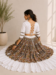 Girls Printed Cotton Lehenga Choli Set with White Flared Skirt