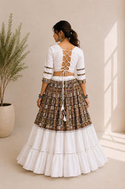 Girls Printed Cotton Lehenga Choli Set with White Flared Skirt