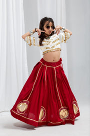 Girls Red Lehenga Choli Set with Gold Lace Work and Embellished Blouse