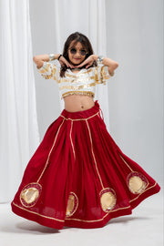 Girls Red Lehenga Choli Set with Gold Lace Work and Embellished Blouse