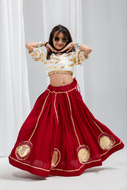 Girls Red Lehenga Choli Set with Gold Lace Work and Embellished Blouse