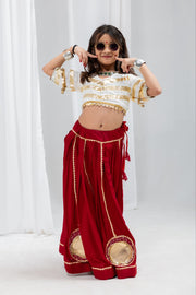 Girls Red Lehenga Choli Set with Gold Lace Work and Embellished Blouse