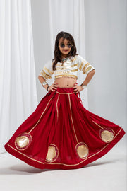 Girls Red Lehenga Choli Set with Gold Lace Work and Embellished Blouse
