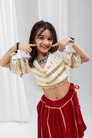 Girls Red Lehenga Choli Set with Gold Lace Work and Embellished Blouse