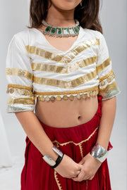 Girls Red Lehenga Choli Set with Gold Lace Work and Embellished Blouse