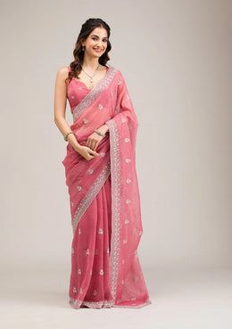 Women’s Pink Chiffon Saree with Embroidered Border Saree