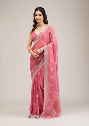 Women’s Pink Chiffon Saree with Embroidered Border Saree